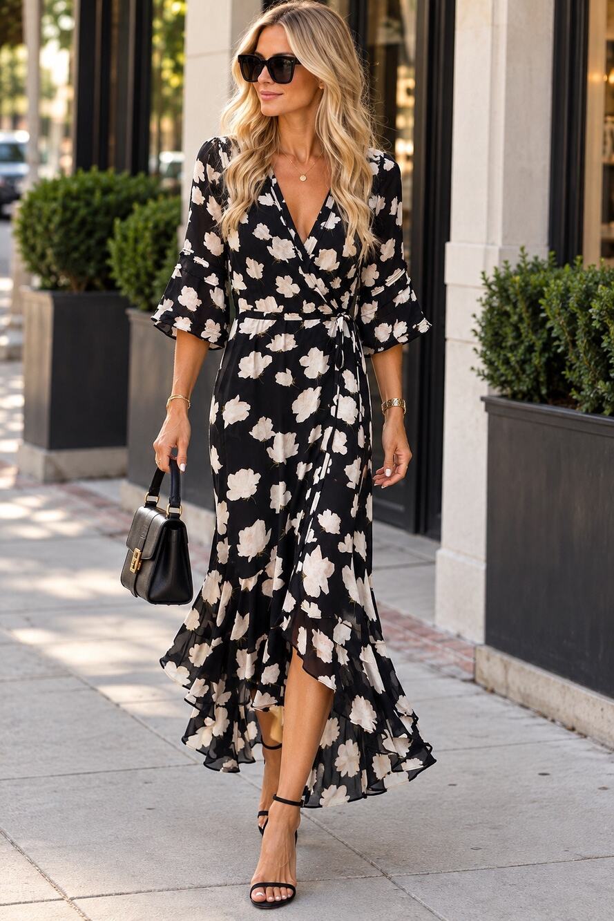 ALLSAINTS Black White Floral Print Wrap Style 3/4 Sleeve Ruffle Hem Dress size S